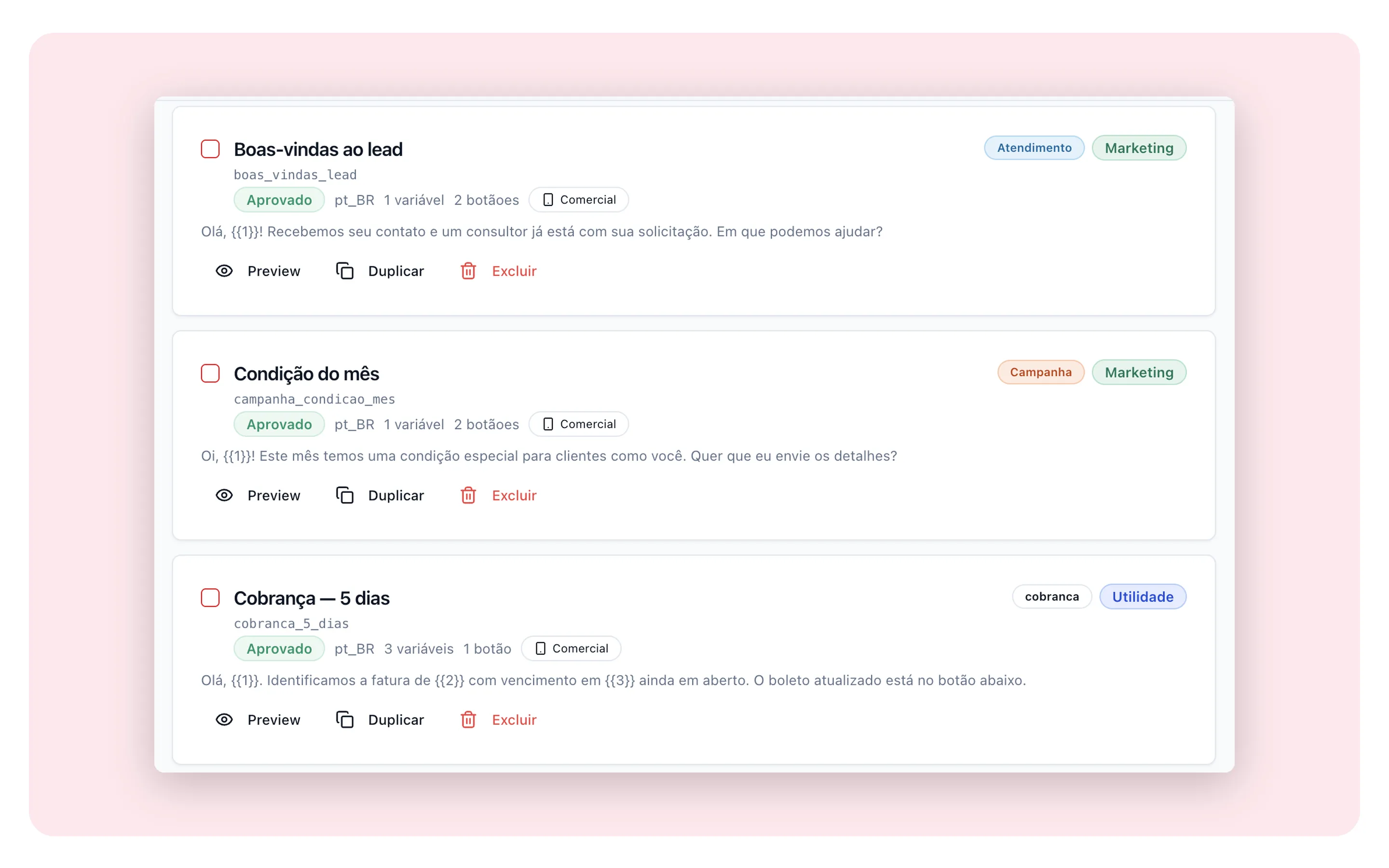 Templates de WhatsApp aprovados pela Meta no RedCake CRM, com variáveis, botões e categorias