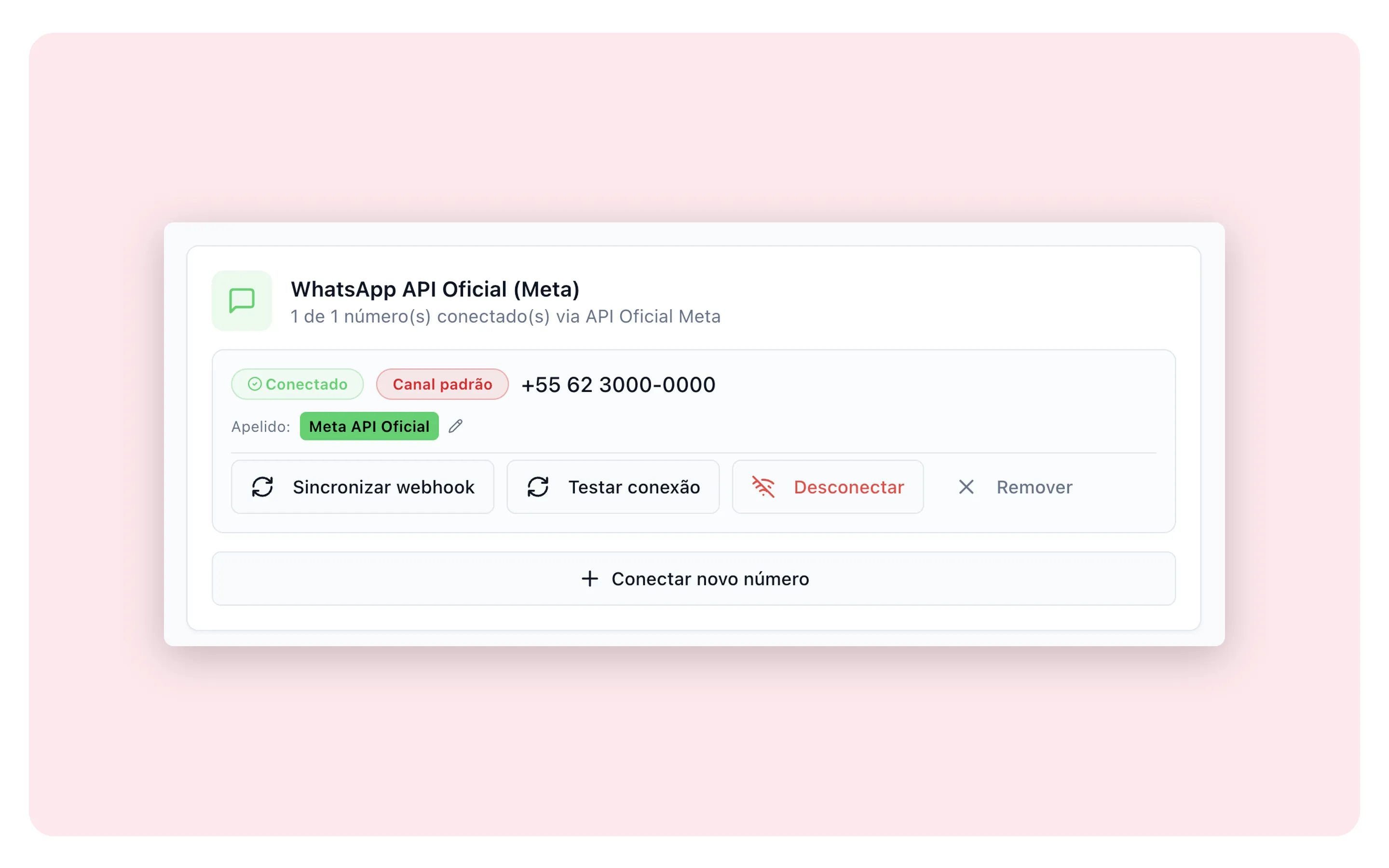 Número de WhatsApp conectado pela API Oficial da Meta nos canais de atendimento do RedCake CRM